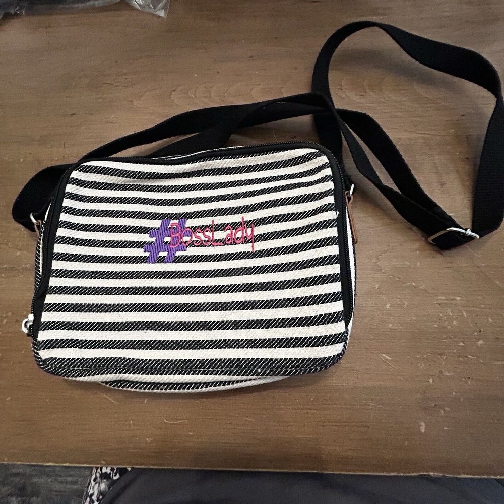 Double Zip Crossbody Thirty One Adjustable Purse Fabric Boss Lady Striped NEW